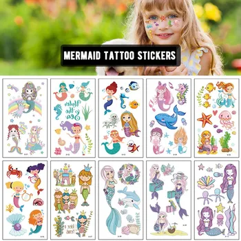 10 Упаковок поддельных наклеек с татуировками Мультяшная Русалка, наклейки с татуировками для вечеринки в океане, временные татуировки для детей, татуировки на руках для детей