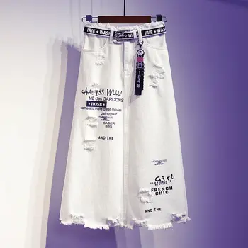 2023 Новая женская юбка из белого денима, длинные юбки с буквенным принтом в корейском стиле, модные женские юбки больших размеров с отверстиями оверсайз