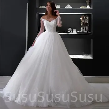 2023 Свадебное платье принцессы с открытыми плечами, длинные рукава, Тюль, Блестящие Кружевные аппликации, Платье Невесты Vestido De Novia