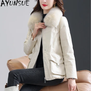 AYUNSUE, высококачественная куртка-пуховик из натуральной кожи, женское зимнее пальто из белого утиного пуха, куртки из натуральной овчины с воротником из лисьего меха