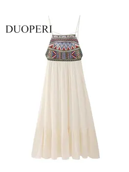 DUOPERI, женское модное платье миди с вышивкой бисером, на шнуровке, без спинки, винтажные женские шикарные платья с квадратным воротником