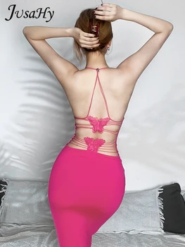 JusaHy Women New Sexy Holiday Party Холтер Простые Кружевные Основы Лоскутное Макси-платье с открытой спиной Эластичные Тонкие Бедра Длинные платья 2023