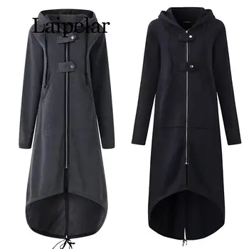 Laipelar Модный тренч с капюшоном и длинным рукавом, Осень 2019, черное бархатное длинное пальто на молнии 5XL, женское пальто, одежда