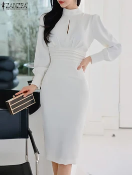 ZANZEA Элегантное вечернее Белое платье, женские облегающие платья с запахом на бедрах, Винтажный воротник-стойка, сбор талии, Vestidos, халат с длинными пышными рукавами