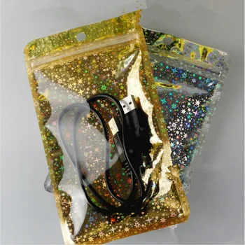 блестящая золотистая / прозрачная пластиковая розничная сумка для хранения на молнии с самозакрывающейся застежкой-молнией 14 * 22 см, розничная упаковка с застежкой-молнией с отверстием для подвешивания