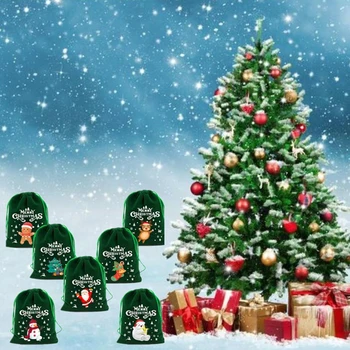 Веселого Рождества, Зеленый пакет для конфет из ворса на шнурке, Подарочная упаковка, Рождественское украшение, принадлежности для новогодних подарков