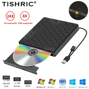 Внешний Привод CD/DVD TISHRIC USB 3.0 Type-C Кабельный Привод Плеер CD DVD RW ROM Внешний Оптический Привод Для Настольного Компьютера iMac PC Ноутбук