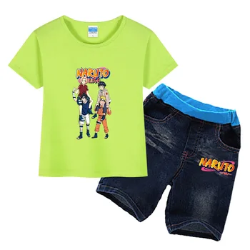 Детская одежда Naruto Peripheral для мальчиков и девочек, модная футболка с короткими рукавами в стиле Аниме + джинсовые шорты, комплект из 2 предметов
