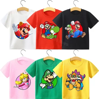 Детская одежда Super Mario Bros, Хлопковая футболка для мальчиков и девочек, одежда с принтом игровых фигурок, модные топы с героями мультфильмов, детская летняя футболка