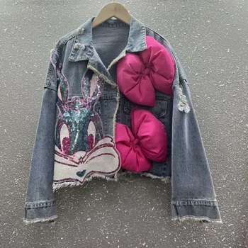 Джинсовое пальто 2024, Весенне-осенняя женская куртка, Новый Instagram, Повседневный Короткий модный топ с героями мультфильмов