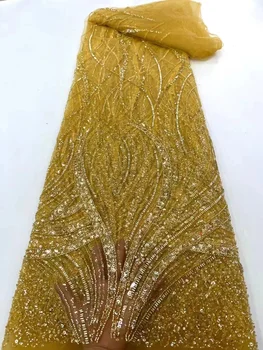 Желтая Нигерийская свадебная кружевная ткань 2023 года, Роскошная тюлевая кружевная ткань, расшитая блестками и бисером, 5 ярдов для вечерних платьев