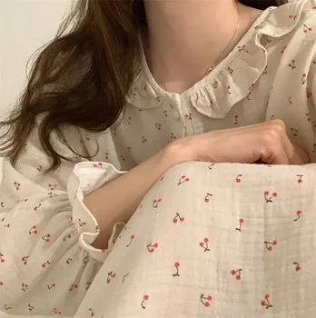 Женская осенняя Элегантная Свободная Домашняя одежда Kawaii Long в корейском стиле, платье Sleep Cherry, Повседневная пижама с принтом