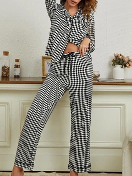 Женская пижама, комплект для отдыха, клетчатые рубашки с отложным воротником и длинными рукавами, топы и брюки, одежда для отдыха из 2 предметов