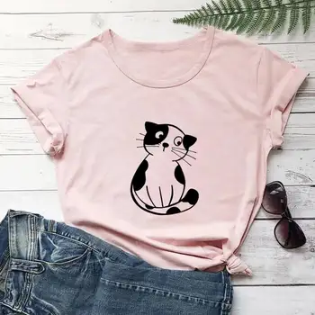 Женская футболка с рисунком кота из мультфильма Pirnt, 100% хлопок, Забавный летний повседневный топ с круглым вырезом и коротким рукавом, праздничная футболка для любителей домашних животных