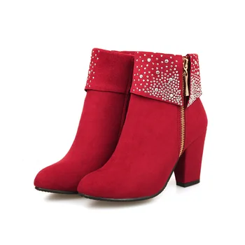 Женские ботильоны с красными кристаллами, женские зимние ботинки на высоком каблуке, женские ботинки на молнии, 34-43 размера, короткие ботинки на толстом каблуке, Botas Mujer