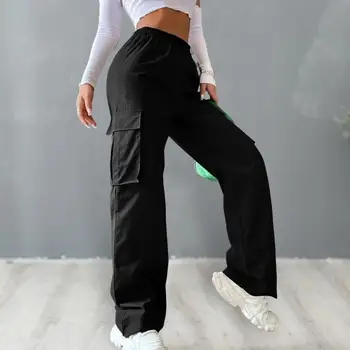 Женские брюки-карго, брюки с боковым карманом с клапаном, однотонные Женские брюки с эластичной резинкой на талии, широкие брюки, повседневные Корейские спортивные штаны для бега трусцой