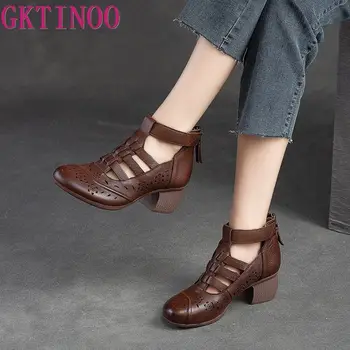 Женские туфли-лодочки GKTINOO 2023, Женские туфли из натуральной кожи с высоким берцем на толстом высоком каблуке, Летние Дышащие гладиаторские туфли 35-40