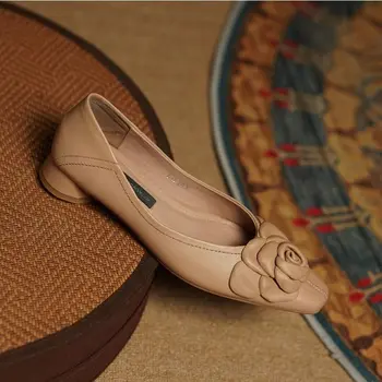 Женские туфли-лодочки из овчины без застежки, Женская обувь с квадратным носком, Женская обувь во французском стиле С цветами, Весна-осень, туфли-лодочки на толстом каблуке 3 см