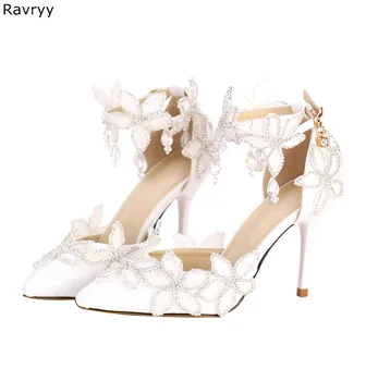 Женские туфли на высоком каблуке, красивые свадебные босоножки в цветочек, сверкающие кристаллы, женские белые модельные туфли на шпильке с острым носком, тонкие туфли