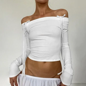Женские футболки CUTENOVA с открытыми плечами и длинным рукавом, осенние Y2K, элегантные белые укороченные топы, обтягивающие повседневные базовые футболки без бретелек с бантом