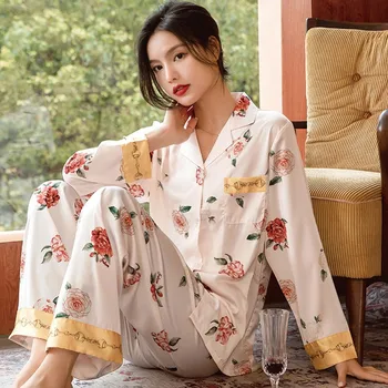 Женский пижамный комплект, сексуальная пижама с отложным воротником, роскошная пижама с цветочным принтом, брючные костюмы, шелковая атласная пижама, домашняя одежда
