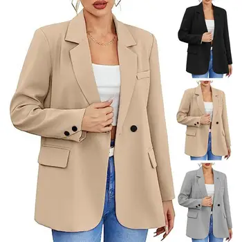 Женское пальто, женское пальто с длинными рукавами, стильный женский деловой костюм большого размера, пальто с воротником-лацканом на пуговицах для осени