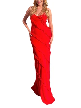 Женское платье на бретелях с цветочной бахромой Y2k, длинное платье без рукавов с 3D цветами, прозрачные тюлевые платья с кисточками, открытая спина,