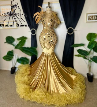 Золотое длинное платье с высоким воротом для выпускного вечера для чернокожих девушек 2023, платья для дня рождения с перьями и оборками, вечерние платья, расшитое бисером Платье с кристаллами
