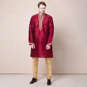 Индийская одежда Вышивка Этническая свадебная мужская одежда Красный костюм включает брюки весенняя курта Винтажная