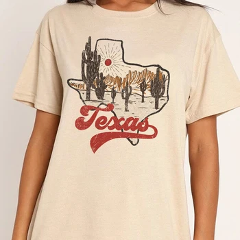 Кактус Техасской пустыни, ретро-футболки с южным рисунком, женские футболки с коротким рукавом в западном стиле, Ковбойская винтажная футболка с рисунком в стиле бохо, одежда