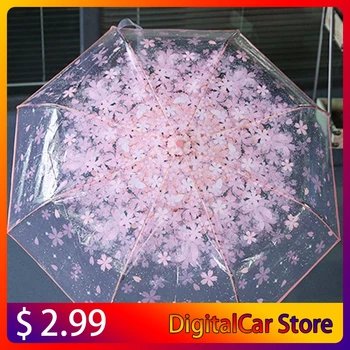 Компактный Складной Вишневый Зонт Прозрачный Прозрачный Зонт С Тремя Складными 8 Ребристыми Ветрозащитными Зонтами Женский Дождевой Зонт Новейший