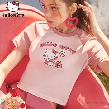 Контрастные футболки Sanrio Hello Kitty с коротким рукавом, женские Летние 2023, милый укороченный топ с мультяшным принтом, Y2k Harajuku, тонкие короткие футболки