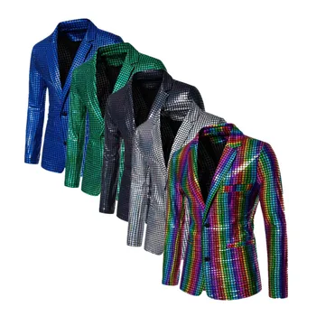 Модный мужской пиджак в радужную клетку цвета: Золотистый, серебристый, для мужской танцевальной вечеринки, Повседневный тонкий Свободный блейзер, пальто