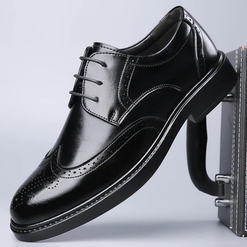 Мужская деловая обувь, оксфорды на шнуровке, черные кожаные туфли с перфорацией типа 