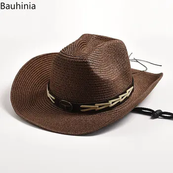 Новая соломенная ковбойская шляпа в западном стиле, ретро-украшение в виде головы быка, джазовая шляпа с широкими полями, летние пляжные шляпы для защиты от солнца с загнутыми полями