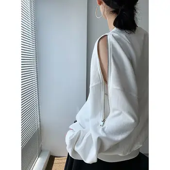 Новое поступление 2023 года, женская повседневная рубашка свободного покроя на молнии с открытыми плечами, длинным рукавом и круглым вырезом