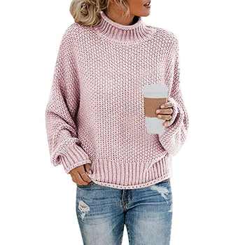 Осенне-зимний женский простой модный пуловер с высоким воротом, облегающий силуэт, свитер, свободный однотонный вязаный свитер с длинным рукавом