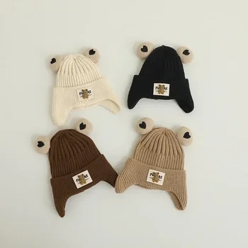 Осенне-зимняя детская вязаная шапка с теплым медведем, детская уличная теплая детская вязаная шапка для защиты ушей