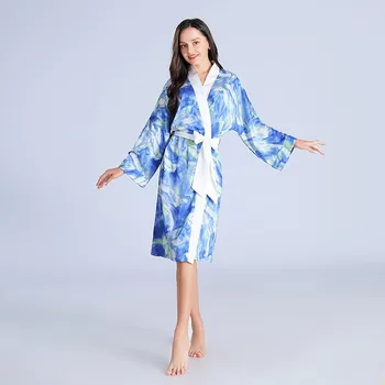 Пижамы из ледяного шелка, женская летняя домашняя одежда с длинными рукавами и принтом, пижамы из французского искусственного шелка, домашняя одежда, халат среднего размера и