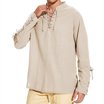 Приталенная рубашка в стиле стимпанк, мужской костюм эпохи Возрождения, средневековый топ с V-образным вырезом и длинным рукавом, удобная рубашка для выступлений на сцене