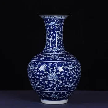 Расписанный вручную синий и белый фарфор, антикварная завернутая ветка лотоса, напольная фарфоровая ваза, украшение крыльца, цветочная композиция