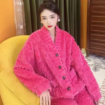 Теплая одежда для сна, женские осенне-зимние пижамные комплекты, плотная Коралловая бархатная фланелевая одежда Kawaii, комплект одежды для отдыха, Корейская свободная одежда на пуговицах