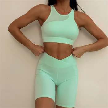 Тюлевый женский комплект одежды для йоги Быстросохнущая дышащая короткая юбка комплект для фитнеса Спортивный комплект для бега