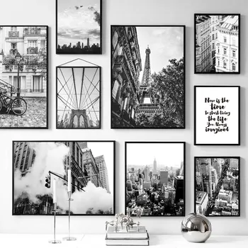 Черно-Белая Настенная Живопись На Холсте Парижская Башня Бруклинский Мост Плакаты на Скандинавскую Тему и Принты Настенные Панно для Декора Гостиной