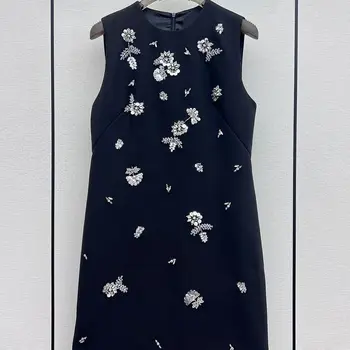 Черное платье в стиле Miu с цветочным узором, украшенное бисером, приталенное платье-майка без рукавов для торжественных случаев, платье трапециевидной формы, летнее