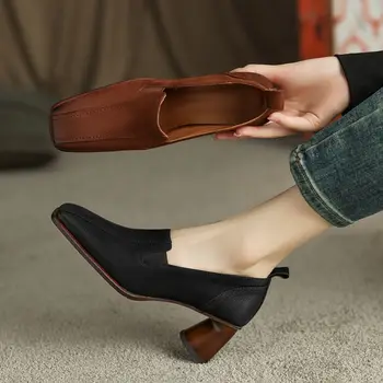 Чистый цвет, натуральная кожа, квадратный носок, толстые каблуки, женская обувь на каблуках, высококачественная обувь на высоком каблуке, новая весенняя женская обувь